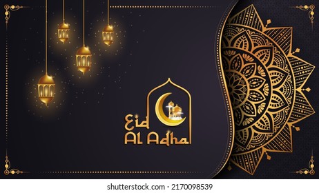 Islamic greeting card design with golden arch and hanging lanterns, glittering arabesque background, Luxury mandala background