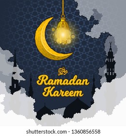 Islamic Greeting Card Design, Ramadan Kareem in 3D Cartoon Word with Silhouette of Prophet Muhammad's Mosque, Clouds, Crescent Moon, Luminous Lantern on The Geometry Background, Vector Illustration.