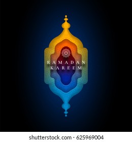 Islamic greeting card design for Ramadan. Paper art style vector illustration. Elements are layered separately in vector file. 