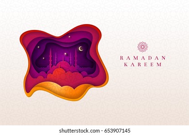 Islamic greeting card design for Ramadan Kareem. Paper art style vector illustration. Elements are layered separately in vector file. 