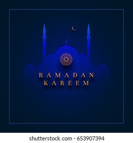 Islamic greeting card design for Ramadan Kareem. Paper art style vector illustration. Elements are layered separately in vector file. 