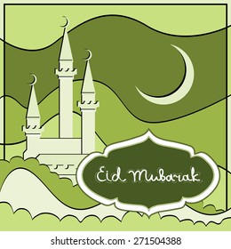 Islamic greeting card. Eid mubarak text. Vector illustration. Mosque and moon in green colors. Ramadan. Islamic holiday design element.