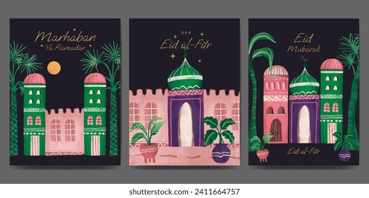 Islamic greeting card with flower and plant illustration for ramadan, eid mubarak, islamic day.