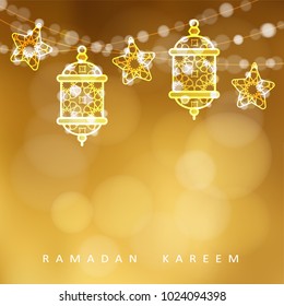 Islamic greeting card. Garlands with oriental arabic lanterns, stars and lights. Golden vector illustration background, invitation for muslim holy month Ramadan Kareem.