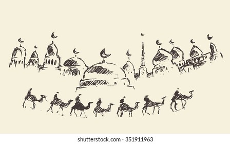 An Islamic greeting card for holy month of Ramadan Kareem, mosque silhouette with caravan of camels, vector engraved illustration, hand drawn