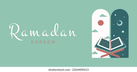 Islamic greeting card with Koran, rosary and inscription in Arabic Ramadan Kareem. Vector holiday illustration in green colors for greeting card, poster and banner.