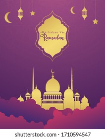 islamic greeting card with lantern and Mosque vector illustration - Translation of text : "Marhaban Ya Ramadan (Welcome Month Ramadan)"