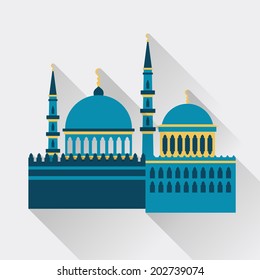 Islamic greeting card with mosque in flat design style.