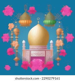 Islamic Greeting Card with Mosque and Floral Illustration