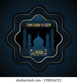 Islamic greeting card with mosque and moon on islamic pattern background, Ramadan Kareem written in Arabic words