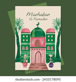Islamic greeting card with mosque and plant illustration for ramadan  eid mubarak  islamic day.