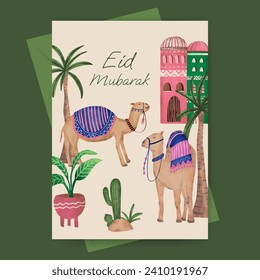 Islamic greeting card with mosque and plant illustration for ramadan  eid mubarak  islamic day.