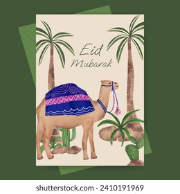 Islamic greeting card with mosque and plant illustration for ramadan  eid mubarak  islamic day.