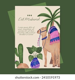 Islamic greeting card with mosque and plant illustration for ramadan  eid mubarak  islamic day.
