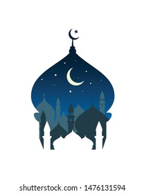 Islamic greeting card. Mosque vector illustration. Holiday night picture