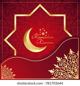 Islamic greeting card for ramadan with golden arabic pattern on red background