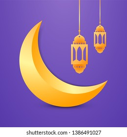 Islamic Greeting Card of Ramadan Kareem template. Arabic Lantern with Golden Color. Crescent Moon with Golden Color. Arabic Lantern with Golden Color.