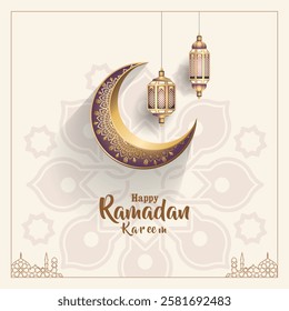 islamic greeting card ramadan kareem template design with crescent and lanterns