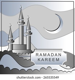 Islamic greeting card. Ramadan kareem. Vector illustration. Mosque and moon in silver colors.