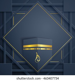 Islamic greeting card template for Hajj (pilgrimage) with kaaba and arabic pattern background