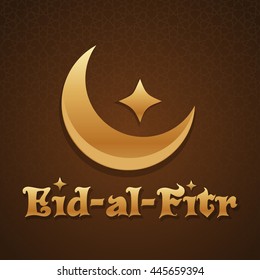 Islamic greeting card template with moon, star and arabic pattern and inscription - Eid-al-Fitr. Vector illustration
