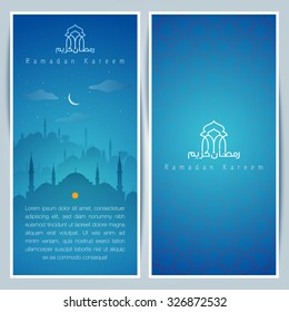 Islamic greeting card template with mosque and arabic pattern for Ramadan Kareem - Translation : May Generosity Bless you during the holy month