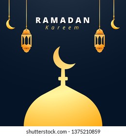 Islamic Greeting Card Template of Ramadan Kareem. Golden Mosque silhouette with Golden Lantern and Golden Crescent Moon.