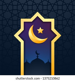 Islamic Greeting Card Template of Ramadan Kareem. Dark Mosque silhouette with Golden Crescent Moon.