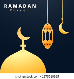 Islamic Greeting Card Template of Ramadan Kareem. Golden Mosque silhouette with Golden Lantern and Golden Crescent Moon.