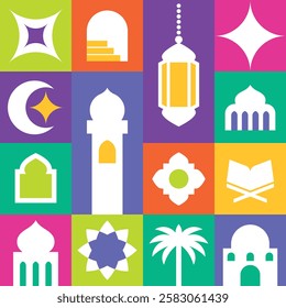 Islamic greeting card template with ramadan and eid for poster design poster. Islamic theme with colorful geometric illustration style