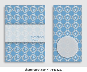 Islamic greeting card template set . Arabic muslim background, line pattern. Celebration card for Eid Ul Adha festival. Ramadan Kareem vector cover. Brochure, flyer in arabian style