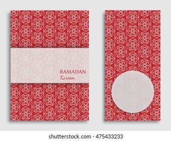 Islamic greeting card template set . Arabic muslim background, line pattern. Celebration card for Eid Ul Adha festival. Ramadan Kareem vector cover. Brochure, flyer in arabian style