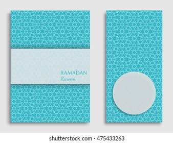 Islamic greeting card template set . Arabic muslim background, line pattern. Celebration card for Eid Ul Adha festival. Ramadan Kareem vector cover. Brochure, flyer in arabian style