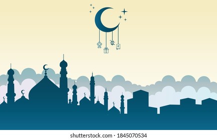 Islamic greeting card vector illustration template with colorful background. including mosques, minarets, stars, moon and others. good for cards, banners, flyers, web, social media, and more.