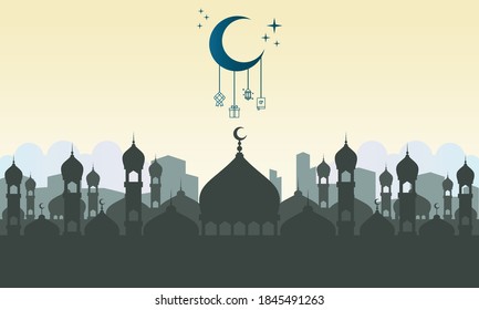 Islamic greeting card vector illustration template with colorful background. including mosques, minarets, stars, moon and others. good for cards, banners, flyers, web, social media, and more.