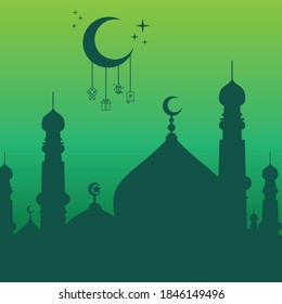 Islamic greeting card vector illustration template with colorful background. including mosques, minarets, stars, moon and others. good for cards, banners, flyers, web, social media, and more.