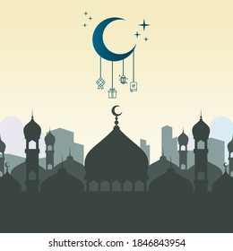 Islamic greeting card vector illustration template with colorful background. including mosques, minarets, stars, moon and others. good for cards, banners, flyers, web, social media, and more.