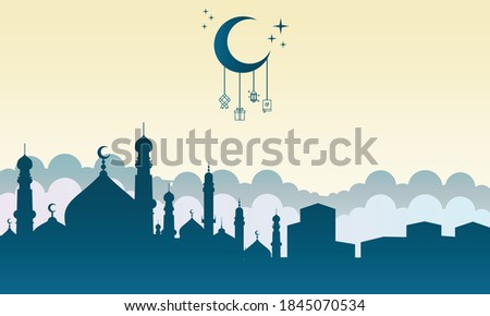 Islamic greeting card vector illustration template with colorful background. including mosques, minarets, stars, moon and others. good for cards, banners, flyers, web, social media, and more.