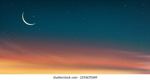 Islamische Grußkarte, Ramadan Kareem Hintergrund mit Crescent Mond, orange, gelb, blauer Sonnenuntergang Himmelshintergrund, Vektorreligionen, die für Ramadan Kareem, Eid Mubarak, Eid al adha.Eid al fitre