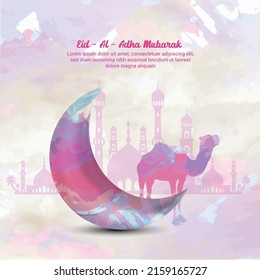 Islamic greeting Eid al Adha card design background with beautiful lanterns and crescent moon 