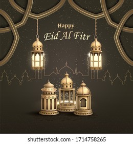 islamic greeting eid al fitr card design with beautiful golden lanterns