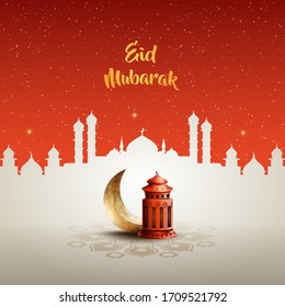 Islamic Greeting Eid Mubarak Card Design With Crescent Moon And Red Lantern