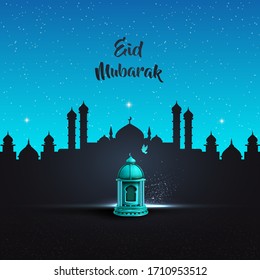 islamic greeting eid mubarak card design background with beautiful blue lanterns