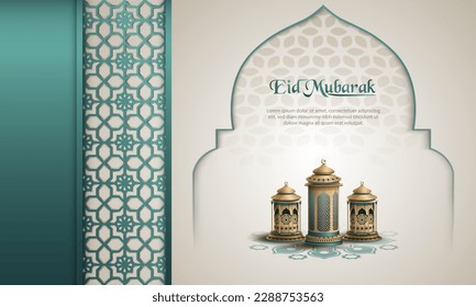 islamic greeting eid mubarak card design with islamic pattern and lanterns