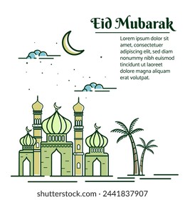 diseño de tarjeta de felicitación islámica eid mubarak con diseño minimalista de estilo de mezquita vector