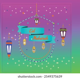 Islamic greeting Eid Mubarak card design with beautiful crescent and lantern