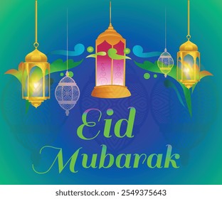 Islamic greeting Eid Mubarak card design with beautiful crescent and lantern