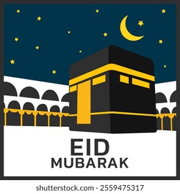 islamic greeting eid mubarak card design with beautiful crescent and ka'bah