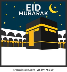 islamic greeting eid mubarak card design with beautiful crescent and ka'bah