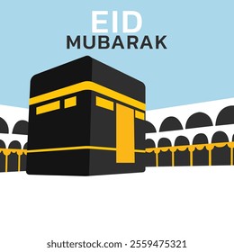 islamic greeting eid mubarak card design with beautiful crescent and ka'bah